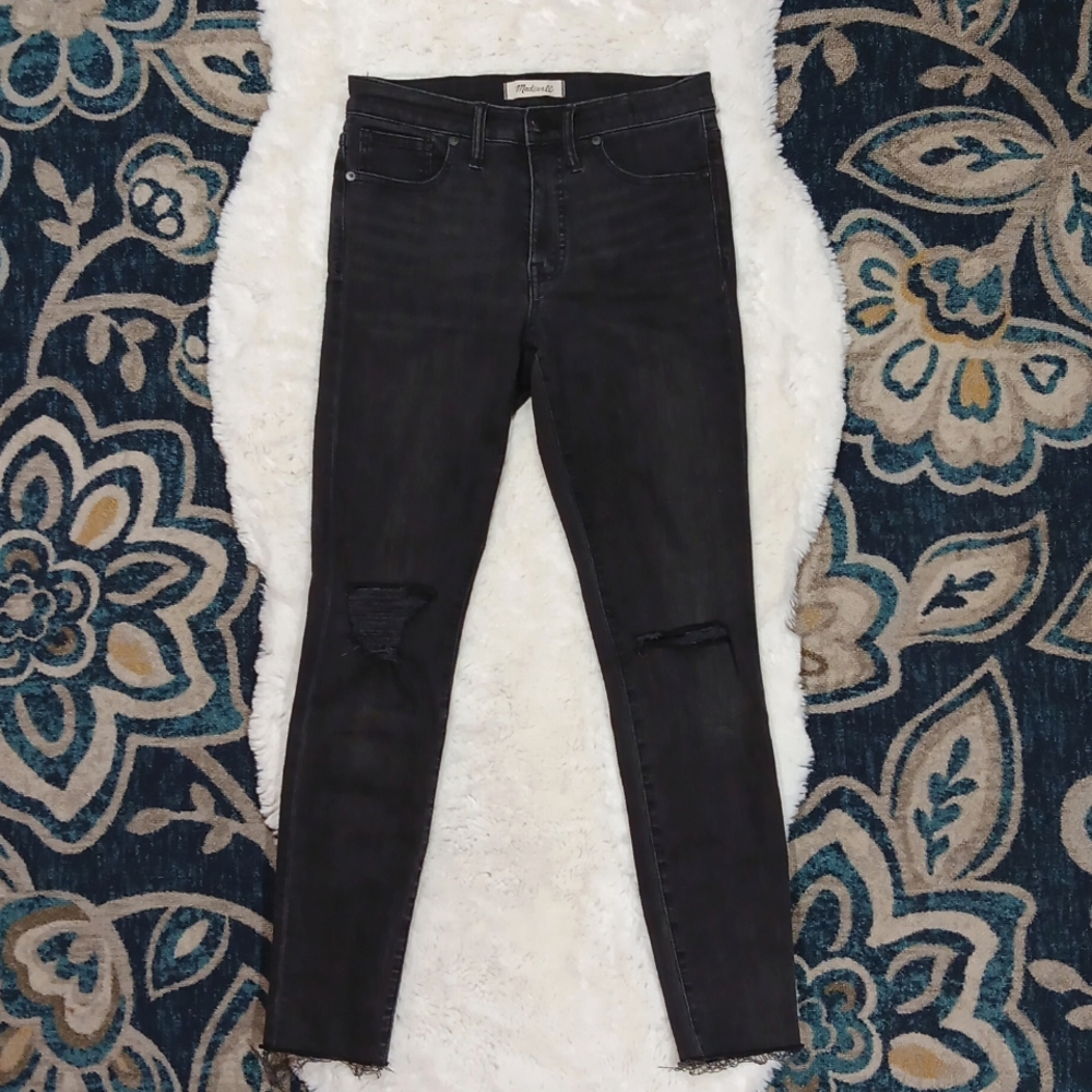 Madewell 9" high rise skinny black distressed jeans sz 28